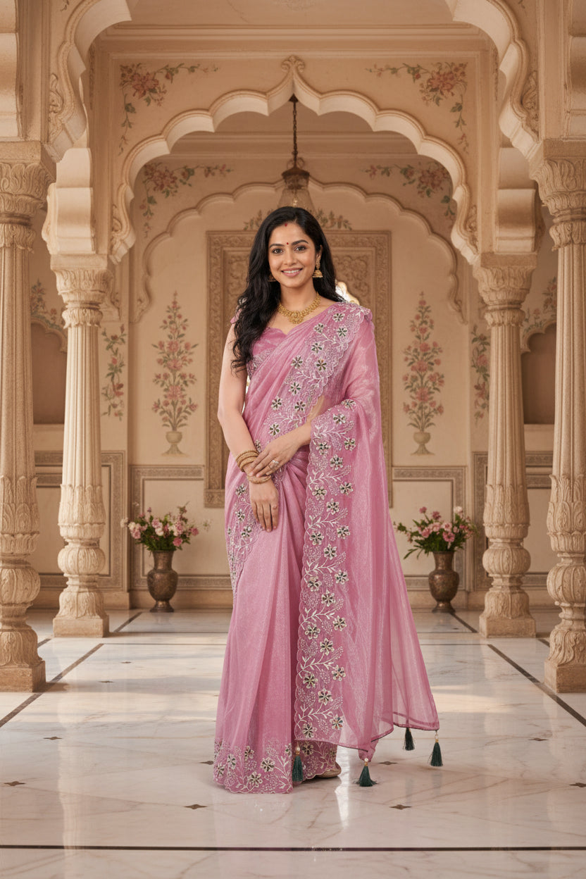 Premium Organza Silk Embroidered Saree – Elegant Pastel Party & Wedding Wear