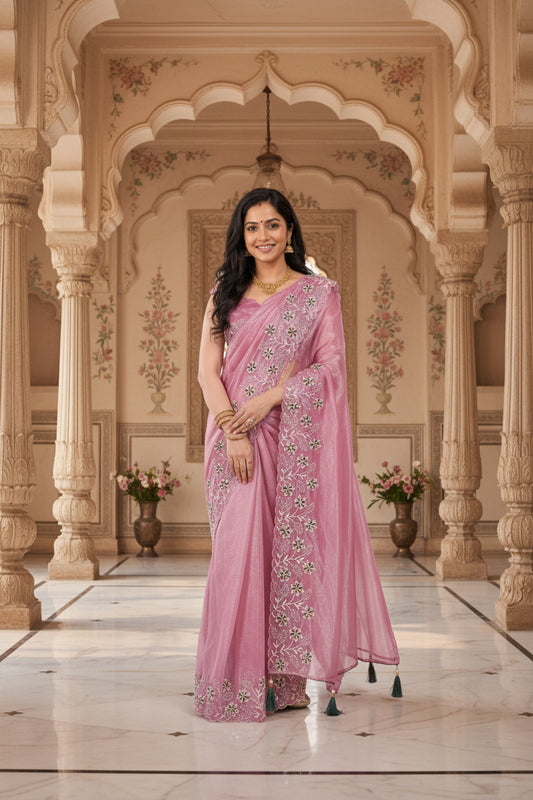 Premium Organza Silk Embroidered Saree – Elegant Pastel Party & Wedding Wear