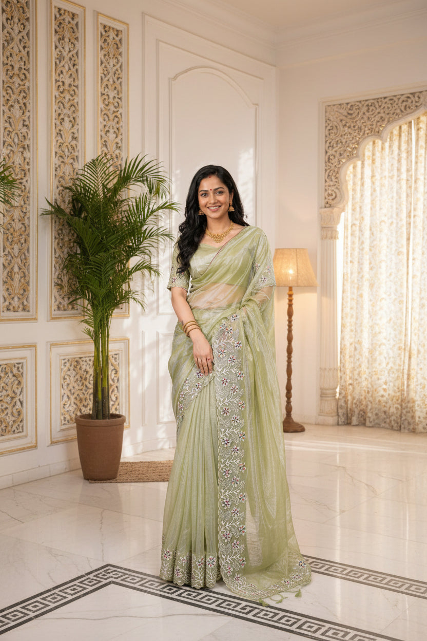 Premium Organza Silk Embroidered Saree – Elegant Pastel Party & Wedding Wear